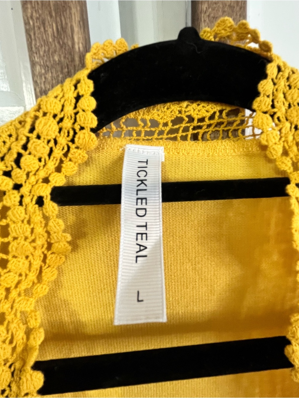 Tickled Teal Mustard Yellow Crochet-Trim Open Cardigan - Picture 3 of 3